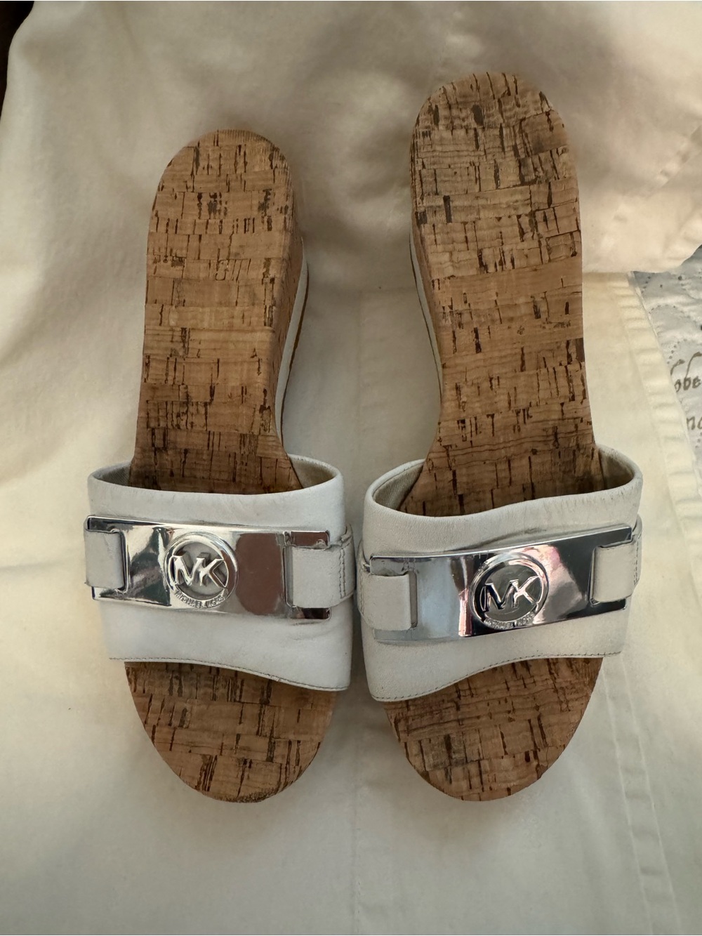 White Slide Mules with Silver MK Accent